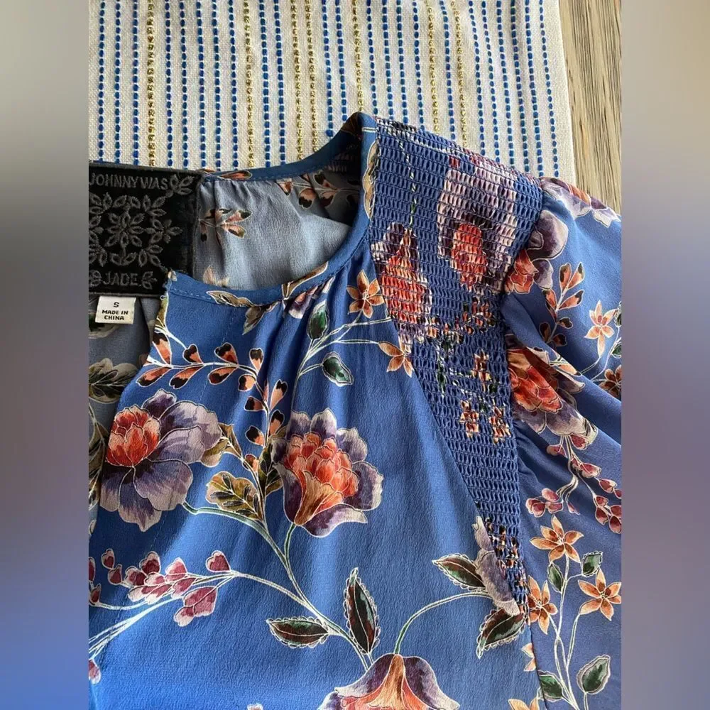 Johnny Was Jade Raine Easy Blouse Silk Blue Floral Puff Sleeve Top Sz S